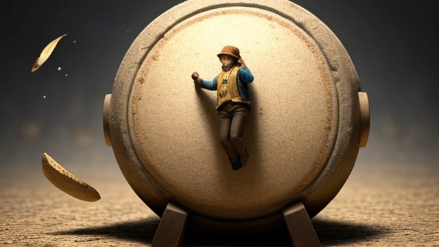 Une image symbolique d'une meule de pierre lourde étiquetée 'Pensions' écrasant une petite figure d'un travailleur, tandis qu'un billet d'or étiqueté 'Retraite Anticipée' flotte au-dessus, représentant le fardeau des aînés et le privilège des sorties préc